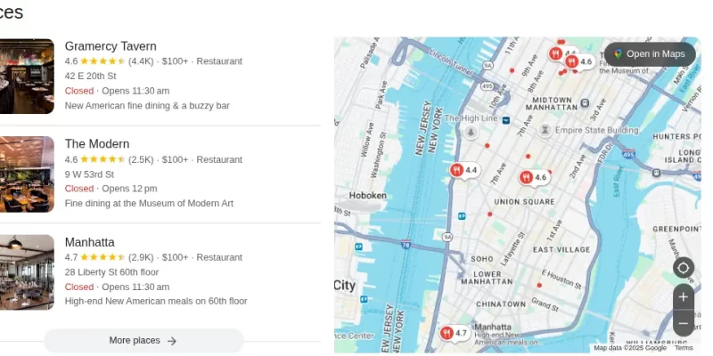 Local SEO services- restaurant map in Manhattan
